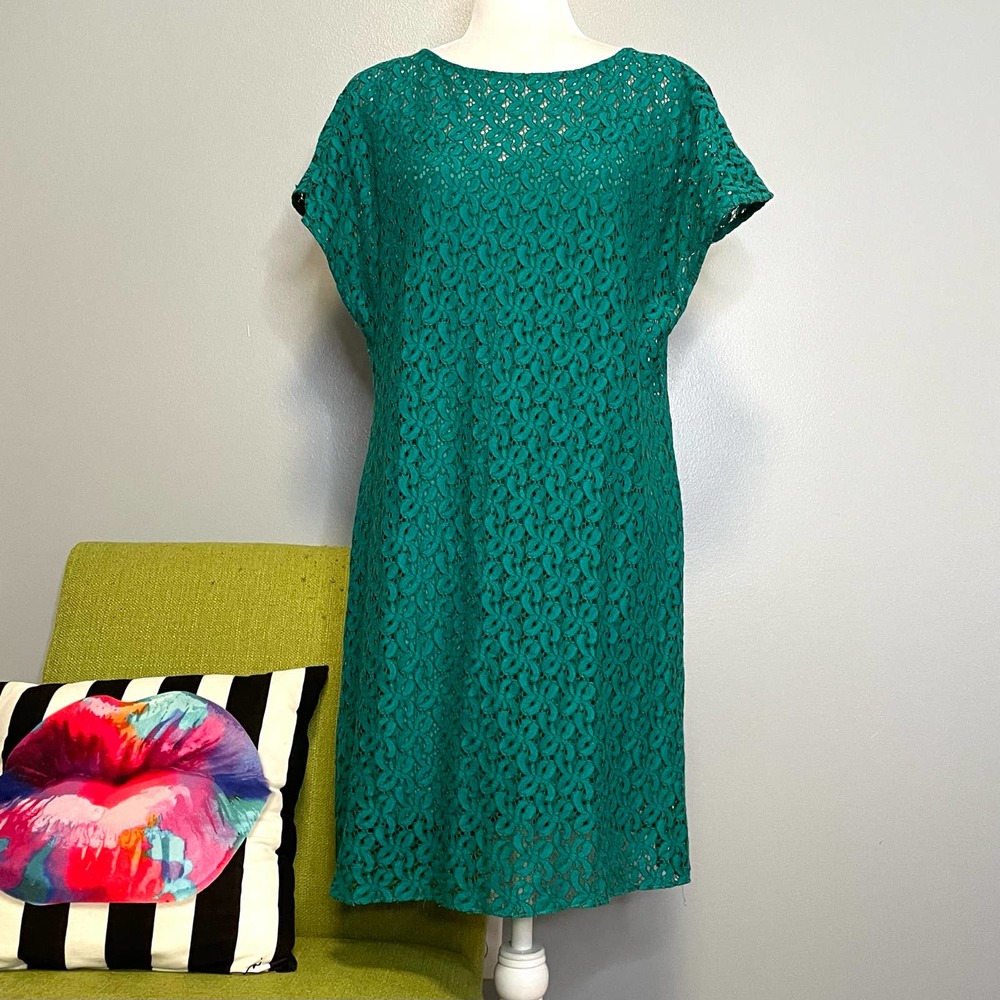 Adrianna Papell Green Lace Overlay Shift Cocktail Dress 6